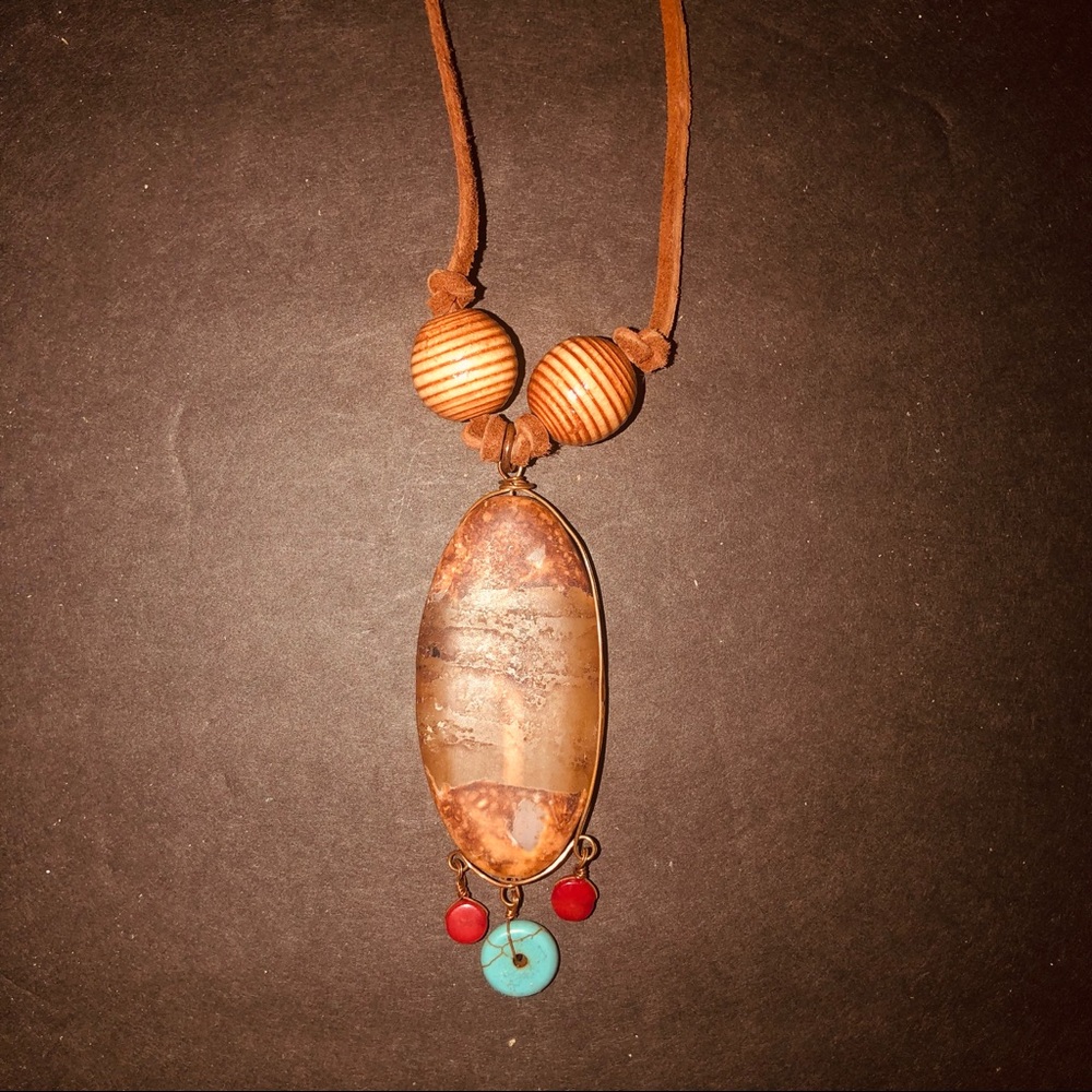 *50% off if bundled* Stone pendant necklace boho on cord with beading